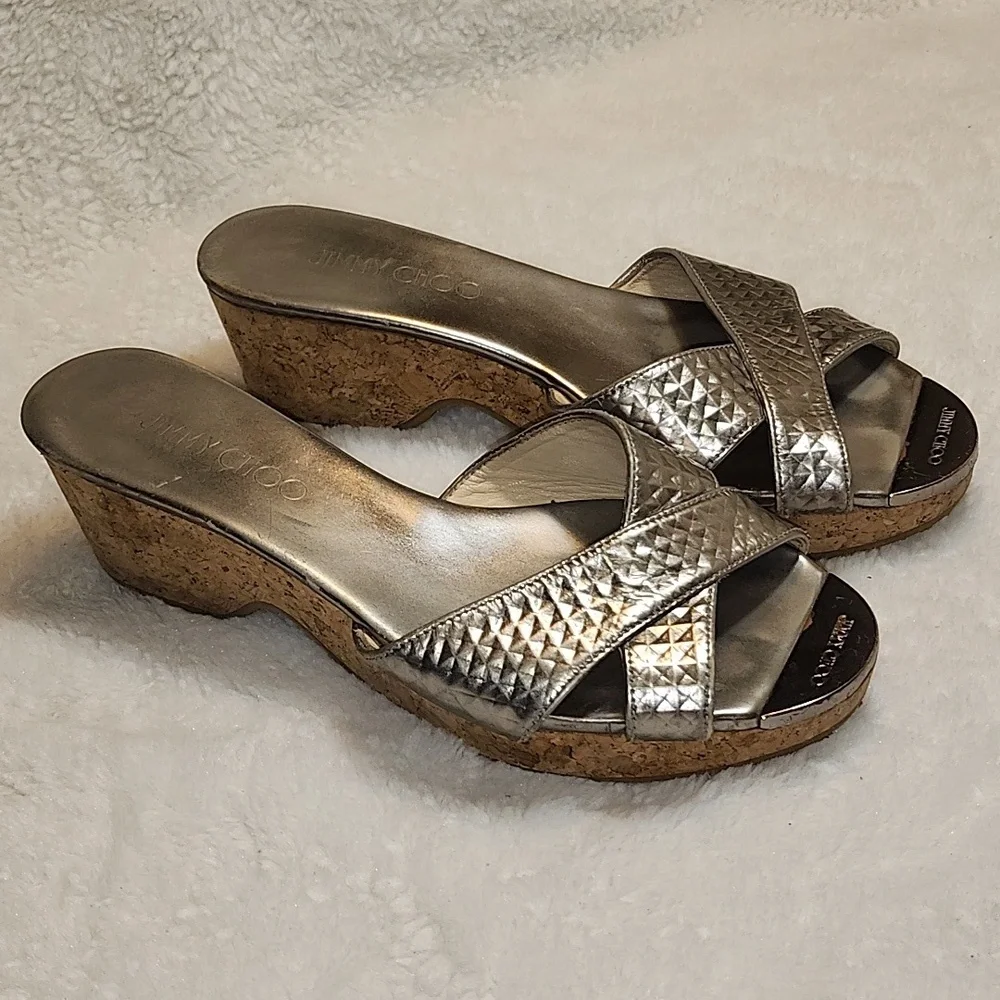 Jimmy Choo Silver Metallic Embossed Leather Panna Cork Slides Size 37.5
